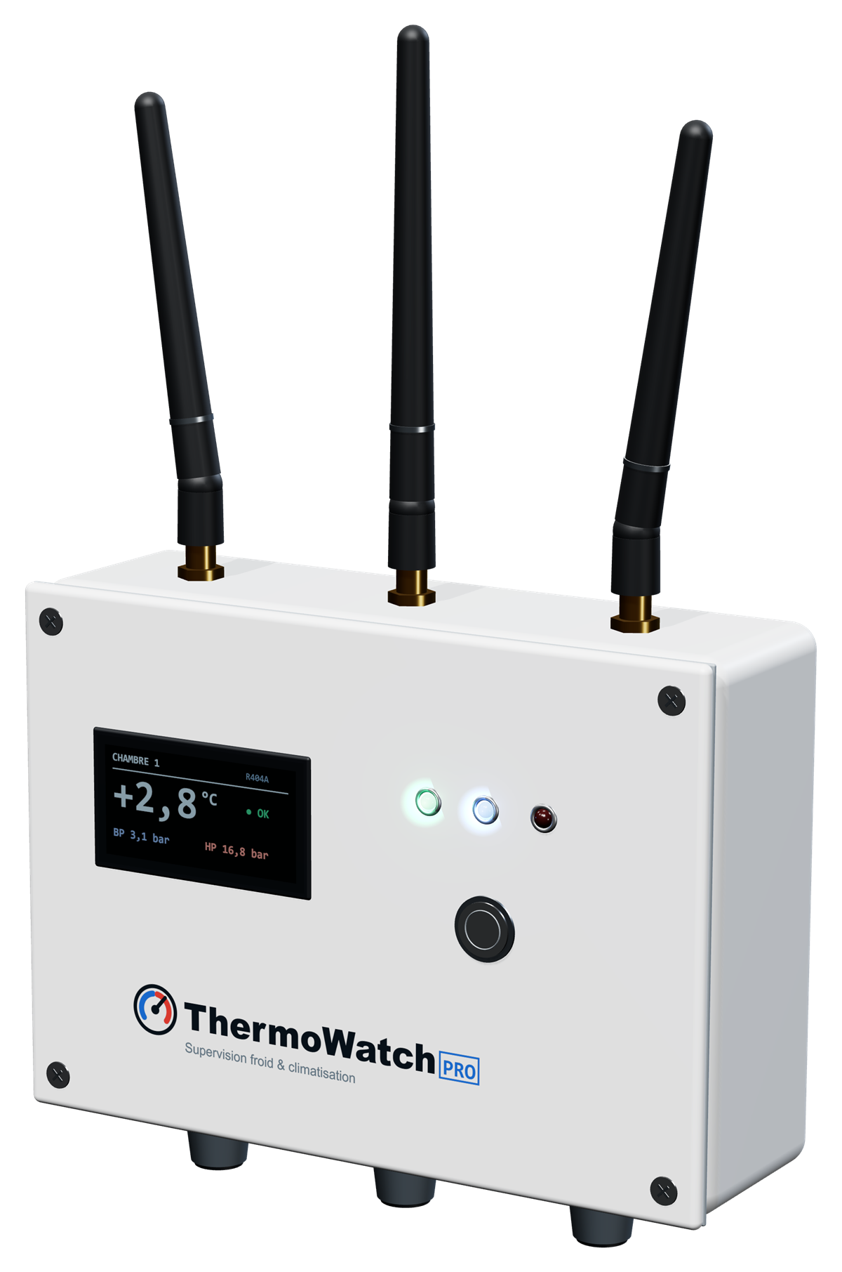 Boîtier ThermoWatch PRO en 3D : écran allumé, voyants, bouton d’acquittement et trois antennes 4G, WiFi et Zigbee